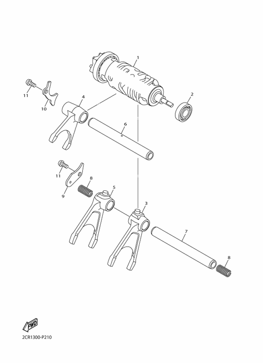 Yamaha 2CR-18512-00 Fork, Shift 2 — shown on the Shift Cam & Fork parts diagram