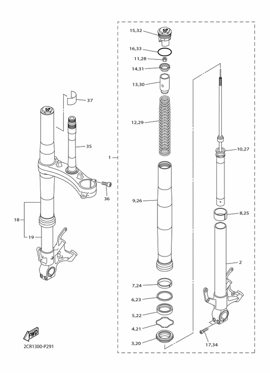 Yamaha 2CR-23170-00 . Cylinder Comp., Front Fork — shown on the Front Fork parts diagram