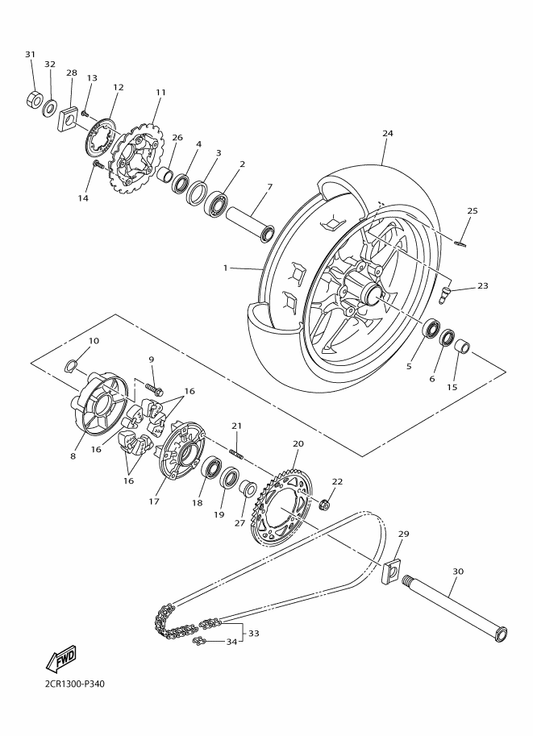 Yamaha 2CR-25338-00-98 Cast Wheel, Rear — shown on the Rear Wheel parts diagram