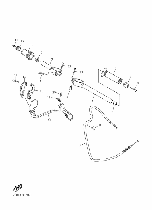 Yamaha 2CR-26121-00 Handlebar (Left) — shown on the Steering Handle & Cable parts diagram