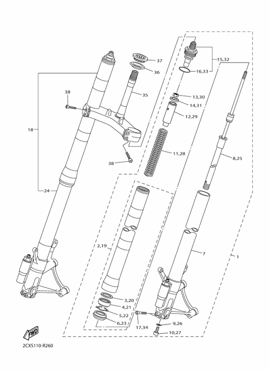 Yamaha 5JJ-23146-00 . . Washer, Oil Seal — shown on the Front Fork parts diagram