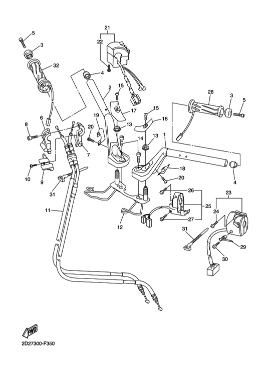 Yamaha 2D2-26121-00 Handlebar (Left) — shown on the Steering Handle & Cable parts diagram