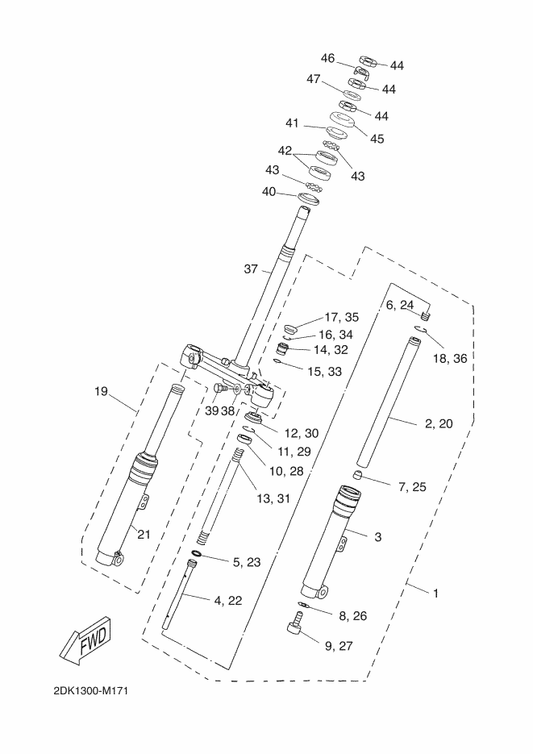 Yamaha 2DK-F3136-00 . Tube, Outer — shown on the Front Fork parts diagram