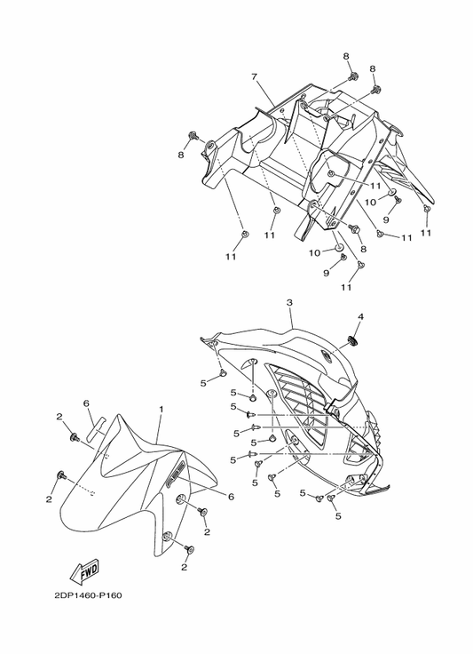 Yamaha 2DP-F1511-00-P0 Fender, Front — shown on the Fender parts diagram