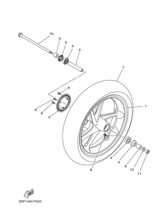 Yamaha 2DP-F5168-01-35 Cast Wheel, Front — shown on the Front Wheel parts diagram