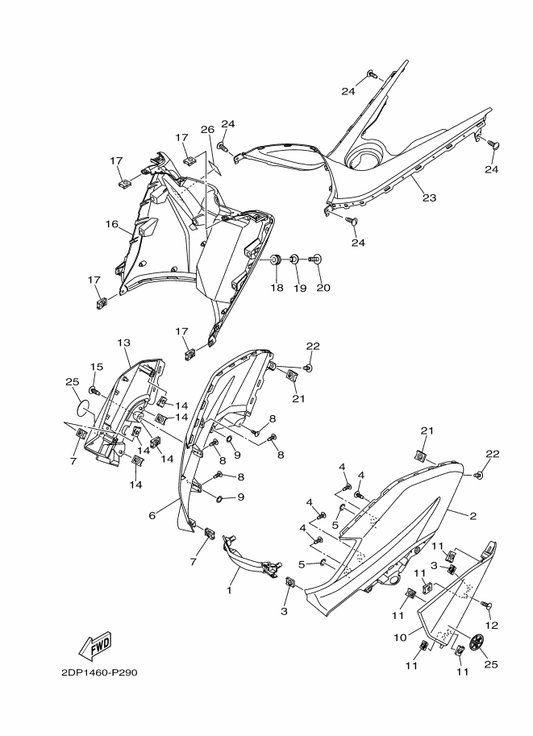 Yamaha 2DP-F8351-00-P0 Body, Cowling — shown on the Leg Shield parts diagram