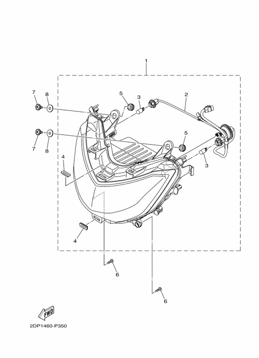 Yamaha 2DP-H4340-00 . Socket Cord Assy 1 — shown on the Headlight parts diagram