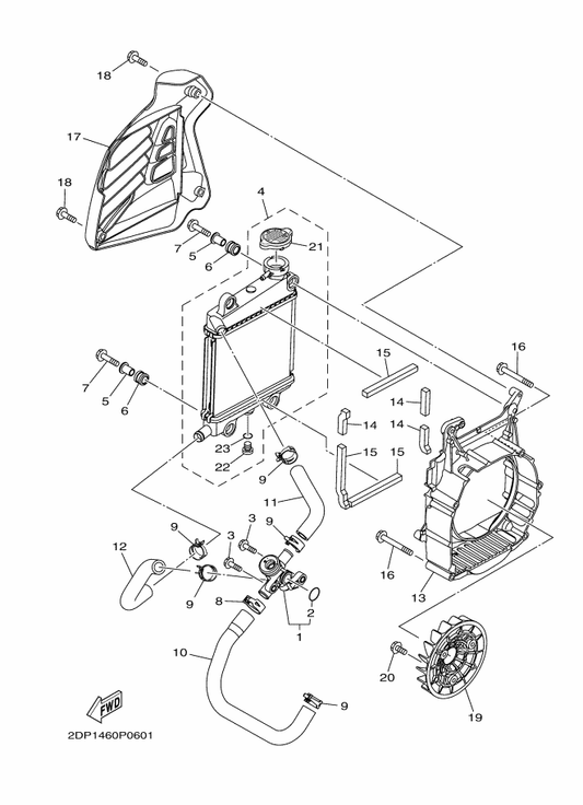 Yamaha 2DP-E2467-00 Cover, Radiator — shown on the Radiator & Hose parts diagram