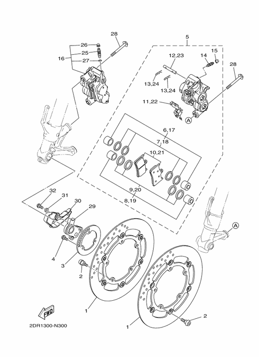 Yamaha 2DR-2580U-00 Caliper Assy (Right) — shown on the Front Brake Caliper parts diagram