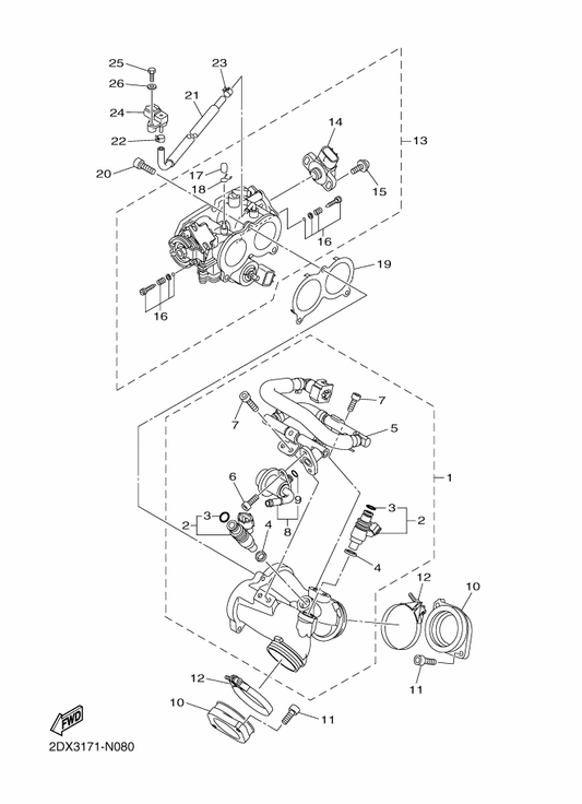 Yamaha 1TP-13750-00 Throttle Body Assy — shown on the Intake 1 parts diagram