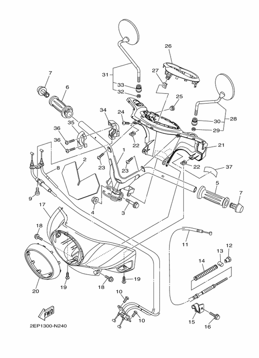 Yamaha 90105-10036 Bolt, Flange — shown on the Steering Handle & Cable parts diagram
