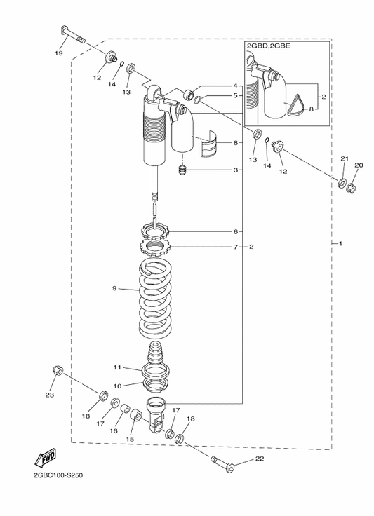 Yamaha 2GB-22201-20 . Damper Sub Assy — shown on the Rear Suspension parts diagram