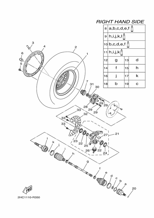 Yamaha 2HC-F3502-00 Steering Knuckle Assy (Right) — shown on the Front Wheel 2 parts diagram