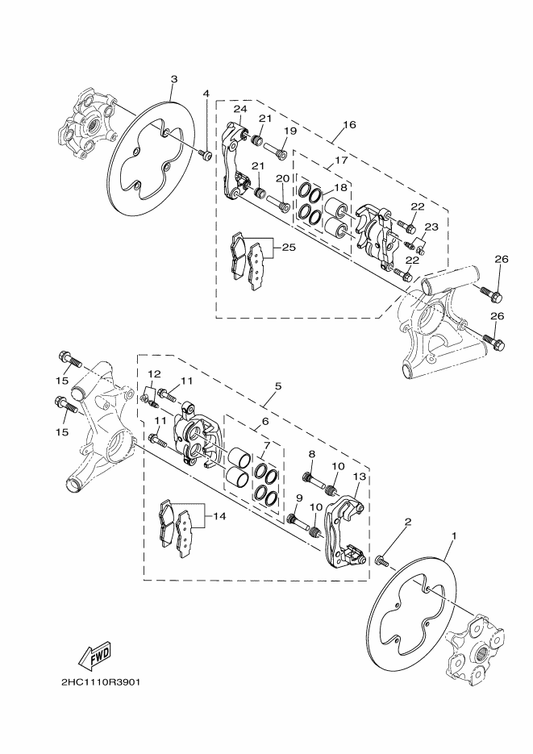 Yamaha 2HC-2580V-00 Caliper Assy, Rear 1 — shown on the Rear Brake Caliper parts diagram