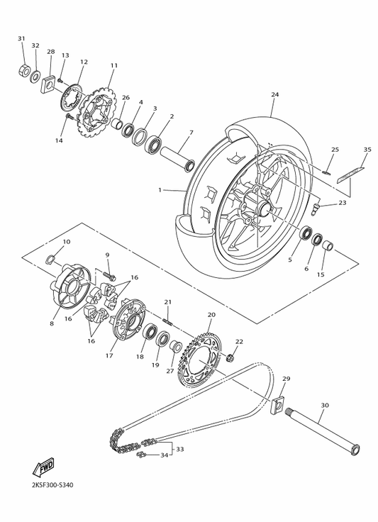 Yamaha 2CR-25338-00-P0 Cast Wheel, Rear — shown on the Rear Wheel parts diagram