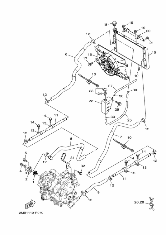 Yamaha 2MB-E2518-00 Bracket, Water Cooler — shown on the Radiator & Hose parts diagram