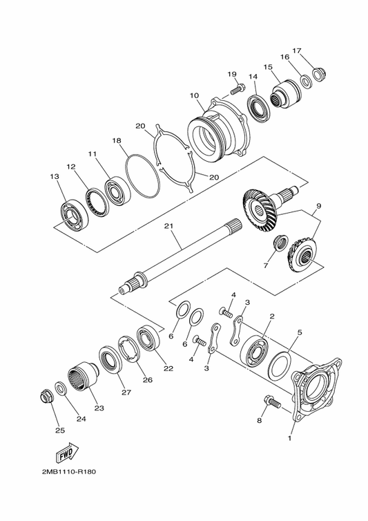 Yamaha 2MB-E761A-00 Shaft 1 — shown on the Middle Drive Gear parts diagram