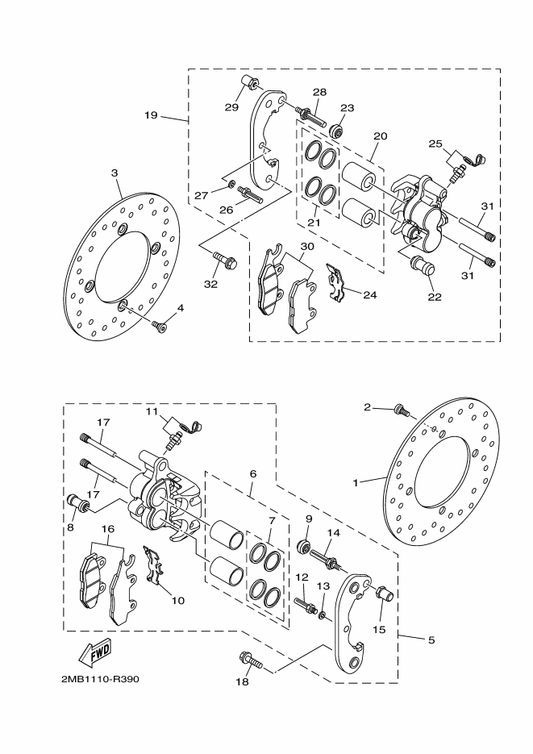 Yamaha 2MB-F582T-00 Disc, Brake (Left) — shown on the Rear Brake Caliper parts diagram