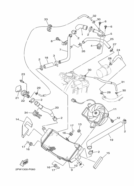 Yamaha 90464-13194 Clamp — shown on the Radiator & Hose parts diagram