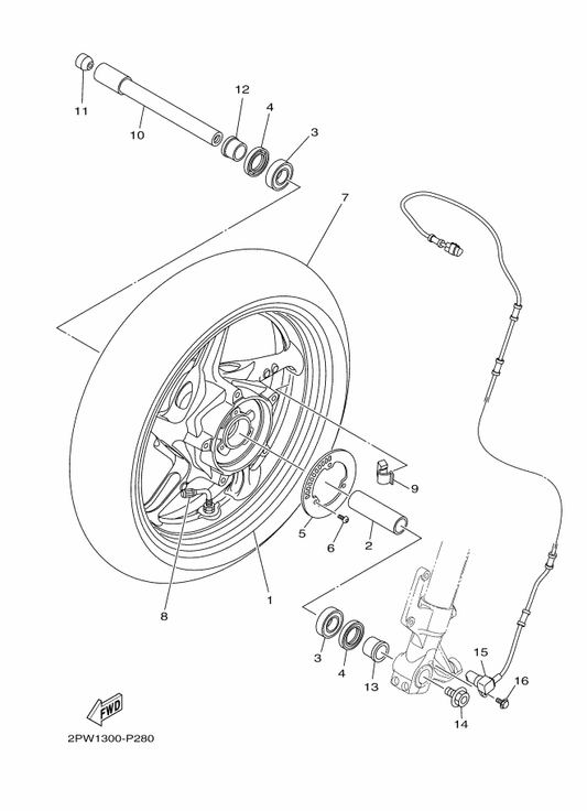Yamaha 2PW-25168-00-33 Cast Wheel, Front — shown on the Front Wheel parts diagram