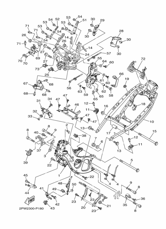 Yamaha 2PW-28356-00 Stay 1 — shown on the Frame parts diagram