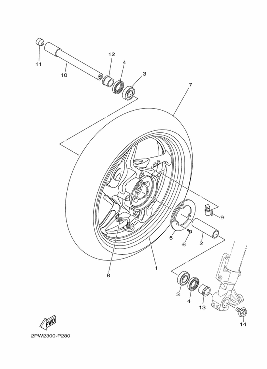 Yamaha 2PW-25168-00-P2 Cast Wheel, Front — shown on the Front Wheel parts diagram