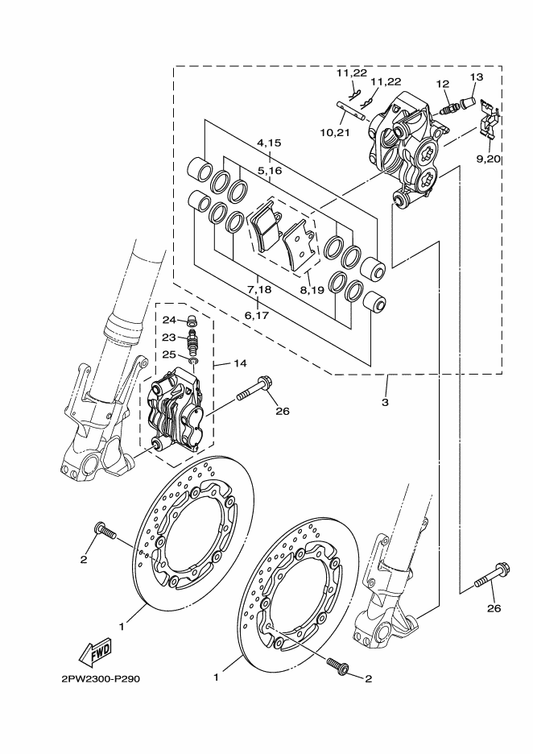 Yamaha 2PW-2580U-30 Caliper Assy (Right) — shown on the Front Brake Caliper parts diagram