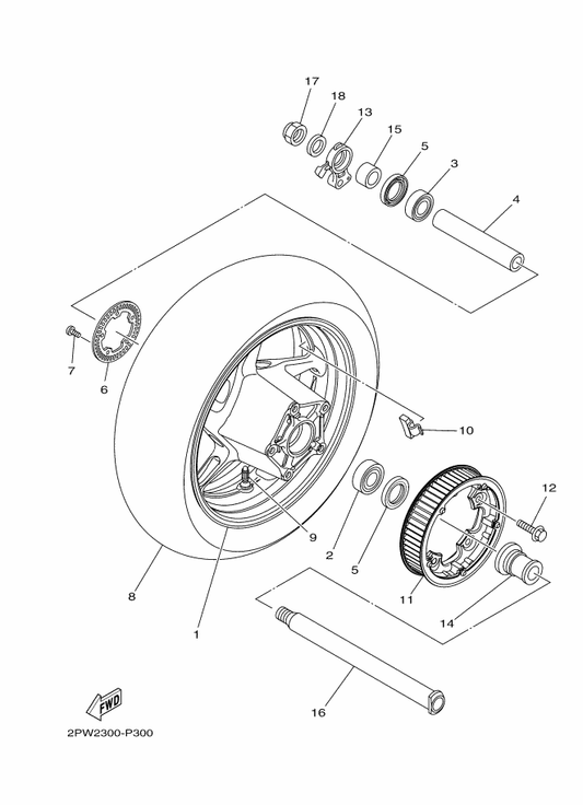 Yamaha 2PW-25338-10-0X Cast Wheel, Rear — shown on the Rear Wheel parts diagram