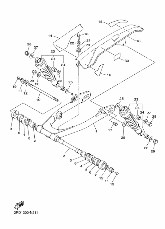 Yamaha 447-22216-20 . Bush, Rear Shock Absorber — shown on the Rear Arm parts diagram
