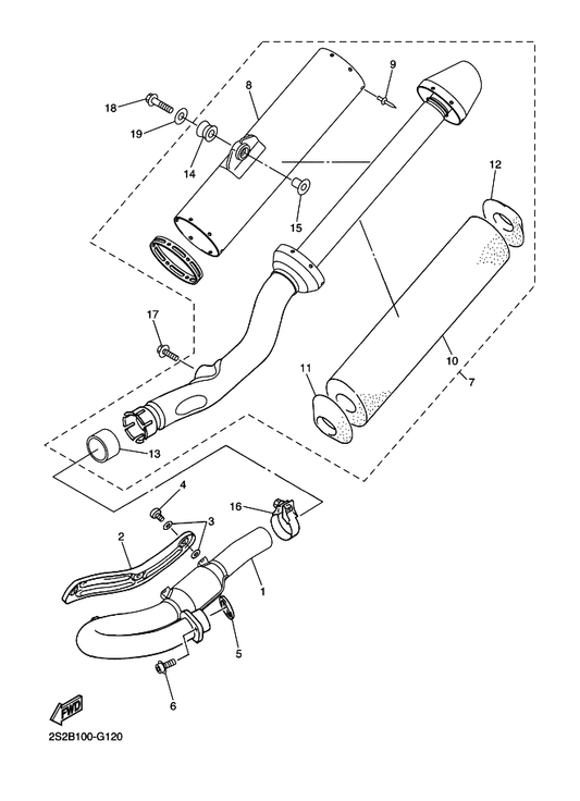 Yamaha 34P-14750-10 Silencer Assy — shown on the Exhaust 2 parts diagram