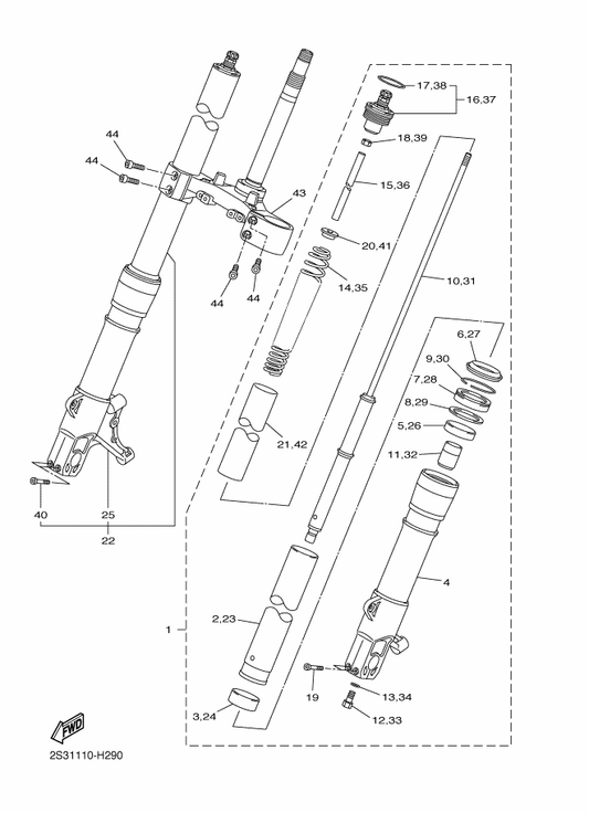 Yamaha 5YU-23142-00 . Seat, Spring Upper — shown on the Front Fork parts diagram
