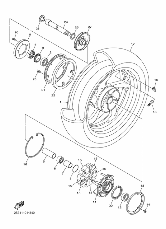 Yamaha 93306-07809 Bearing — shown on the Rear Wheel parts diagram
