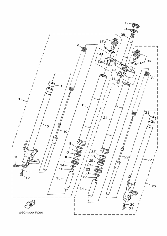 Yamaha 2PP-23111-00 . Bolt, Cap — shown on the Front Fork parts diagram