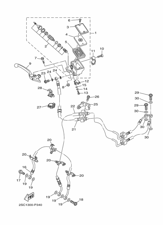 Yamaha 2DR-85132-00 Bracket, Reflector 1 — shown on the Front Master Cylinder parts diagram