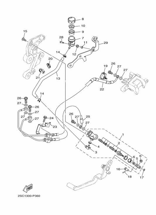 Yamaha 2PP-2582E-00 Holder, Reserve Tank — shown on the Rear Master Cylinder parts diagram