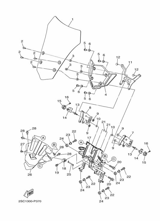 Yamaha 2PP-28331-00 Bolt, Leg Shield — shown on the Windshield parts diagram