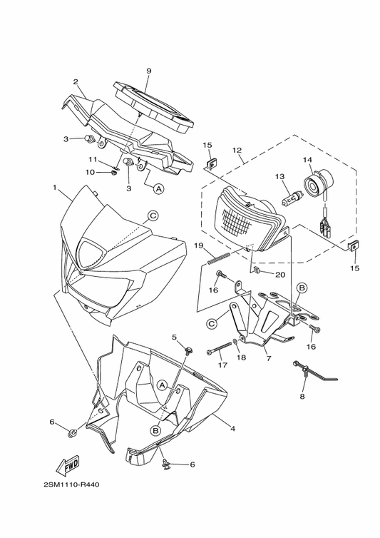 Yamaha 2SM-F6292-00 Stay — shown on the Headlight 2 parts diagram