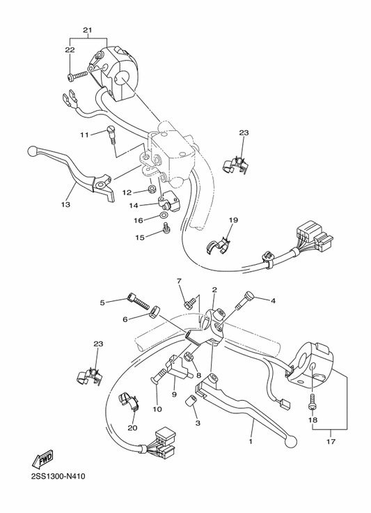 Yamaha 98702-03020 Screw, Flat Head — shown on the Handle Switch & Lever parts diagram