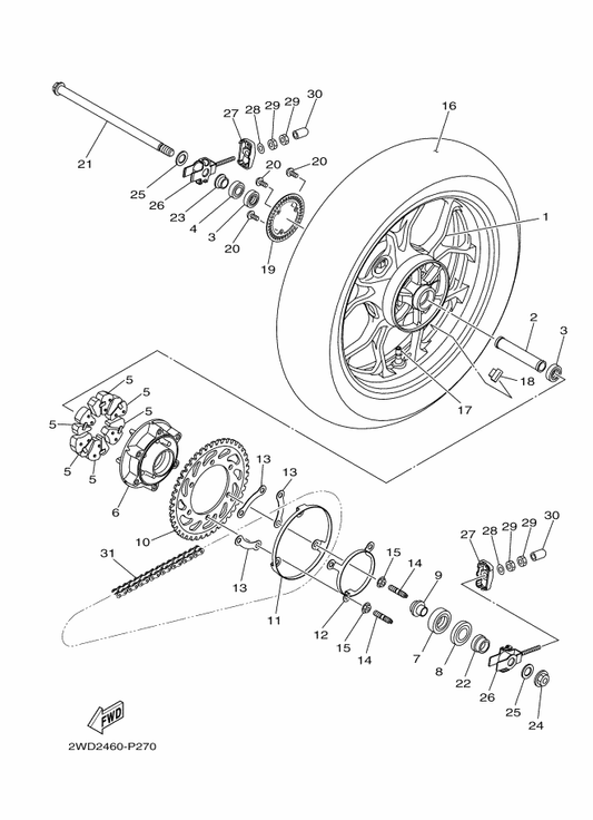 Yamaha 2WD-F5338-01-1X Cast Wheel, Rear — shown on the Rear Wheel parts diagram