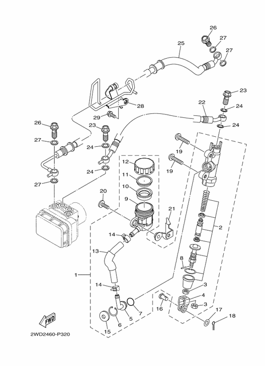 Yamaha 2WD-F582E-00 Holder, Reserve Tank — shown on the Rear Master Cylinder parts diagram
