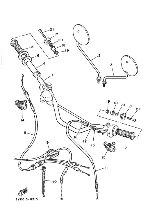Yamaha 2YK-26335-00 ケーブル,クラツチ — shown on the ステアリングハンドル. ケーブル parts diagram