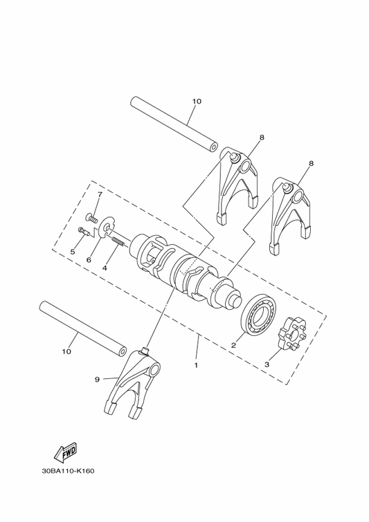 Yamaha 1D7-18540-10 Shift Cam Assy — shown on the Shift Cam & Fork parts diagram