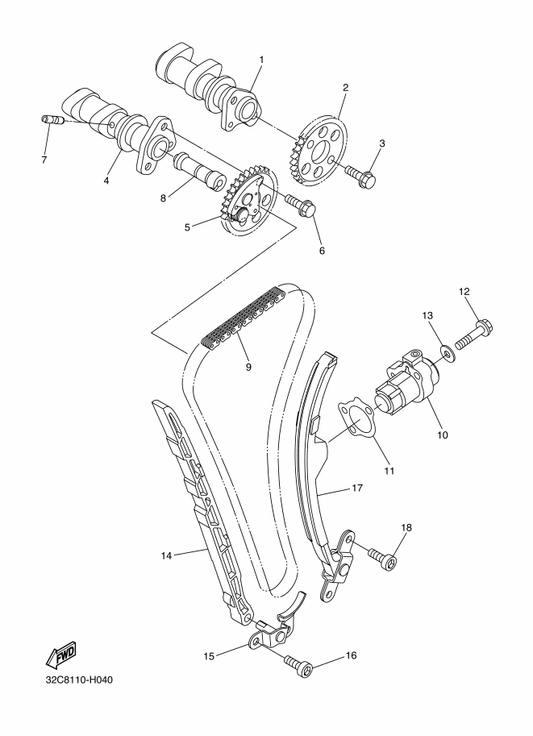Yamaha 94591-57118 Chain (98Xrh2010-118M) — shown on the Camshaft & Chain parts diagram