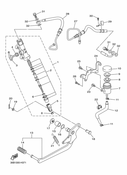 Yamaha 36B-2587A-00 Holder, Brake Hose — shown on the Rear Master Cylinder parts diagram