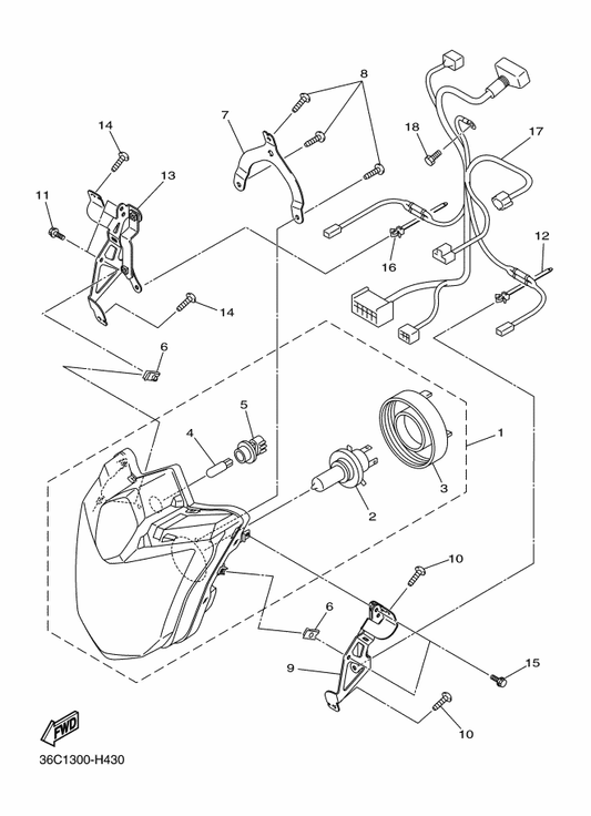 Yamaha 36P-84119-00 Stay, Headlight 2 — shown on the Headlight parts diagram