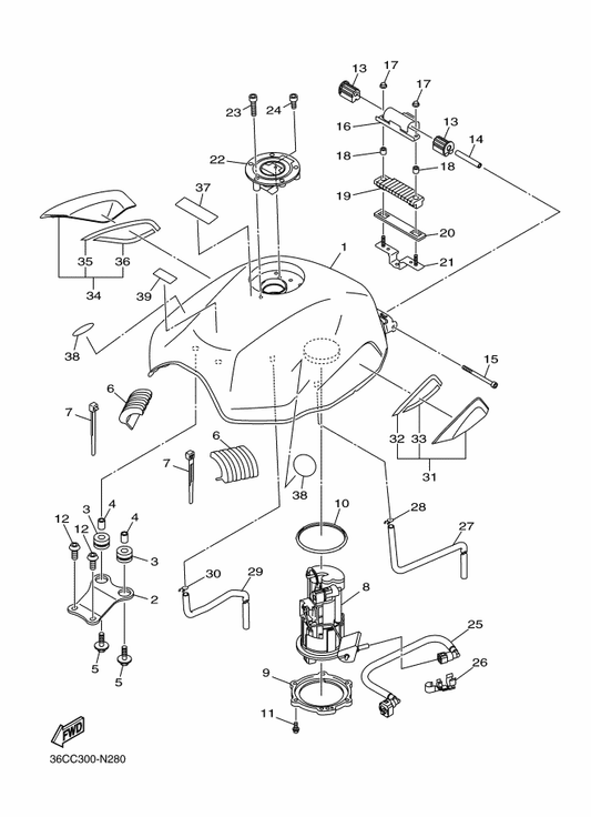Yamaha 20S-21296-00 Nut — shown on the Fuel Tank parts diagram