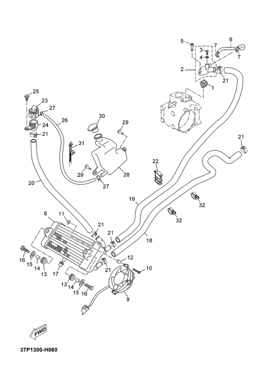 Yamaha 37P-E2490-00 Tank Assy — shown on the Radiator & Hose parts diagram