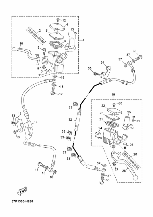 Yamaha 37P-F5873-00 Hose, Brake 2 — shown on the Front Master Cylinder parts diagram