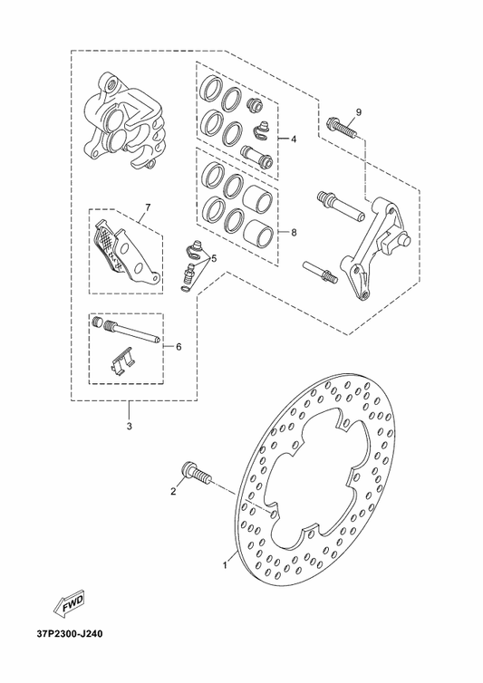 Yamaha 39D-F580U-12 Caliper Assy (Right) — shown on the Front Brake Caliper parts diagram