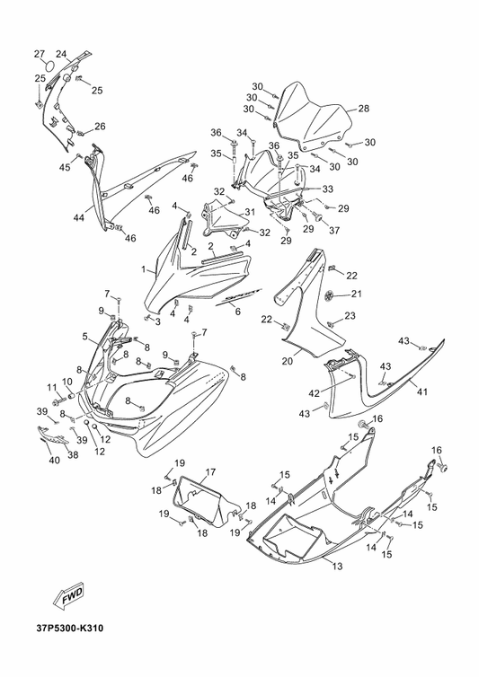 Yamaha 37P-F8315-00 Emblem — shown on the Windshield parts diagram